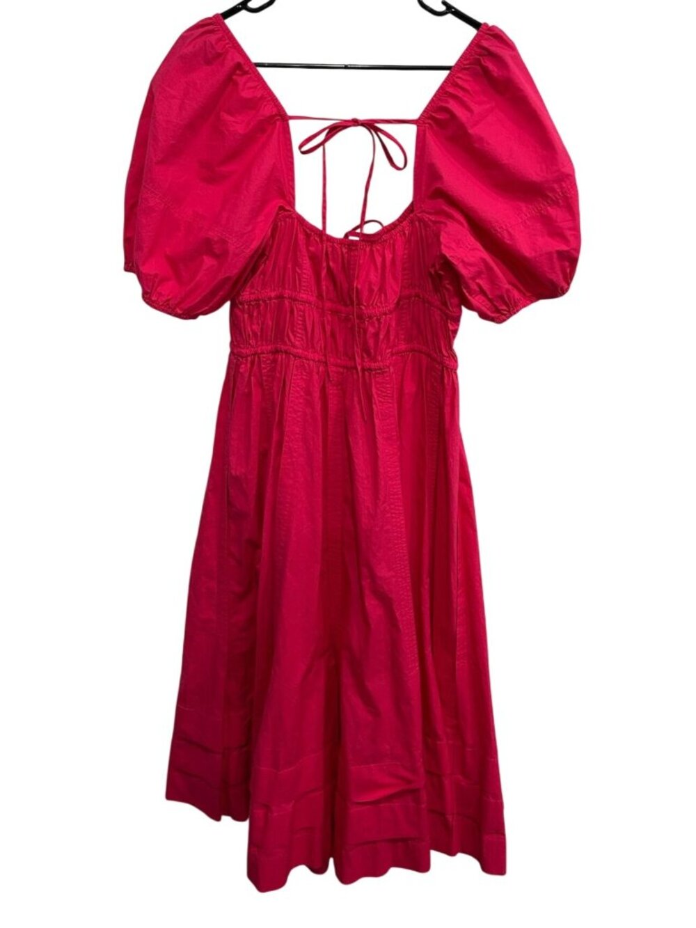 Ulla Johnson 8 Red Puff Sleeve Midi Dress Open Back Tie Coquette Milkmaid - Picture 2 of 12